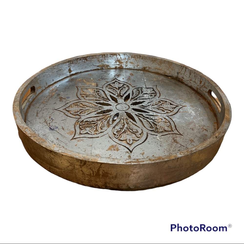 WOODEN MANDALA STYLE SERVING TRAY TABLE DECOR